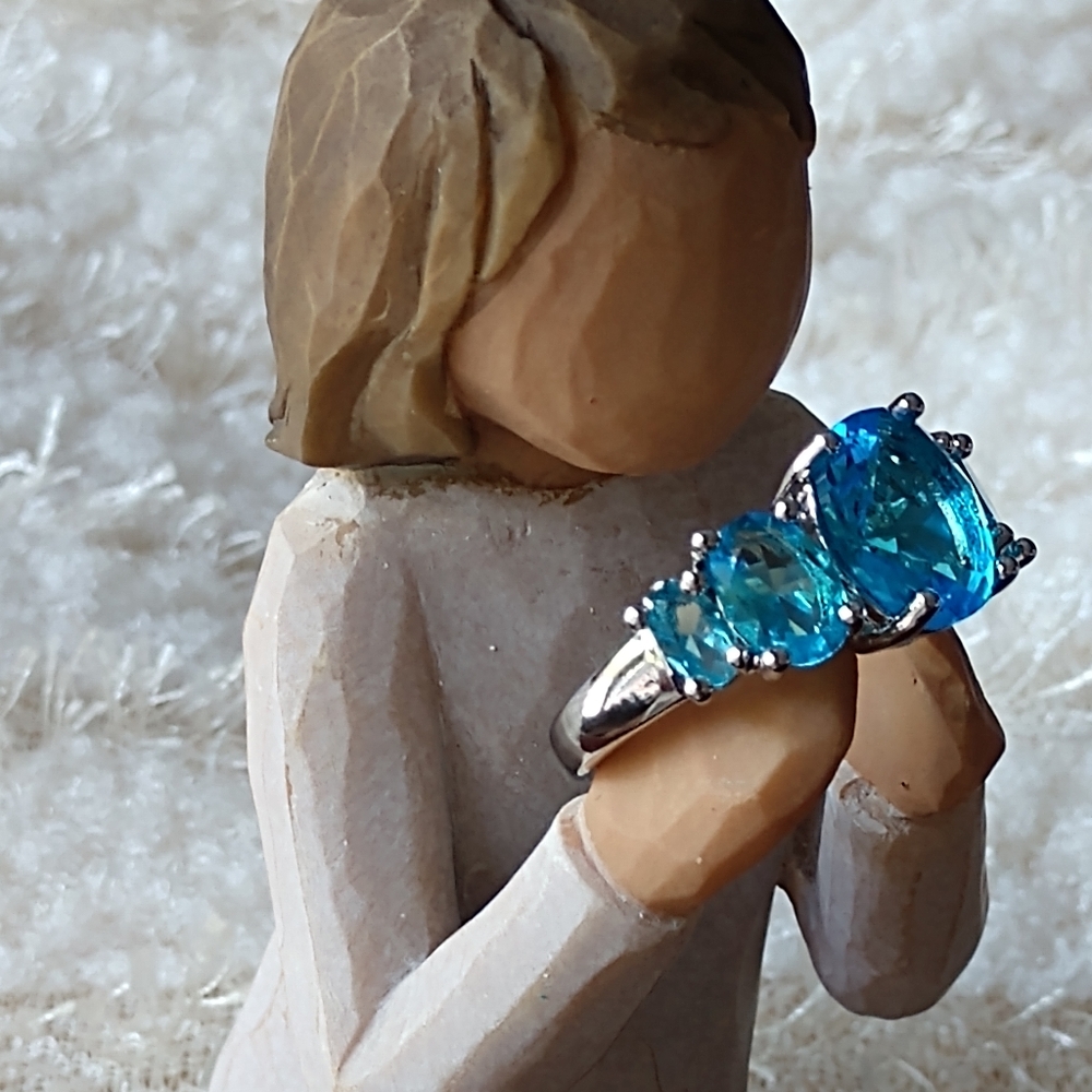 NEW Aquamarine Ring Blue Oval Stones Five Stack Crystals S925 Silver Coated Sz 6